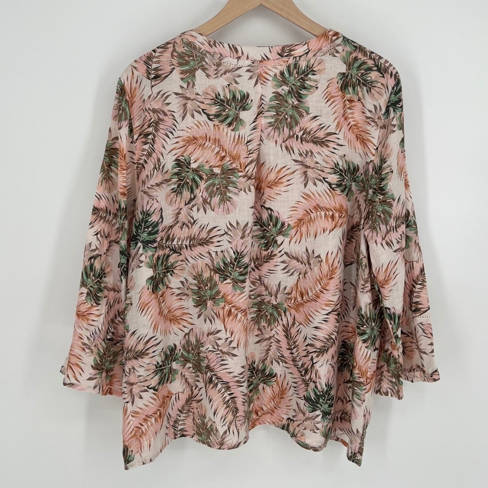 J. Jill Love Linen Women Tropical Palm Leaf Bell Sleeve‎ Tunic Top Size L Pink - Picture 2 of 11